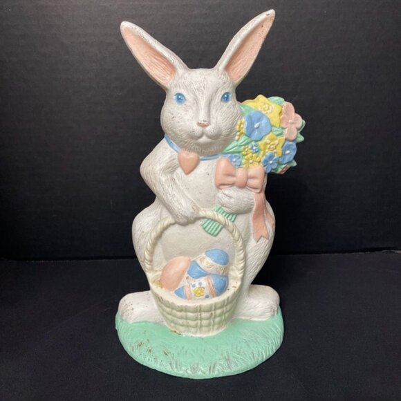 Vintage Midwest Imports Cast Iron Doorstop Bunny Rabbit w/ Flowers Basket Eggs - Picture 1 of 5